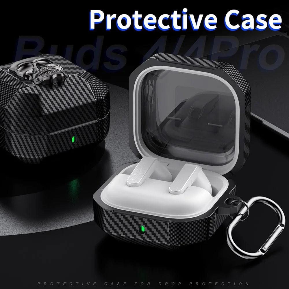 For Samsung Galaxy Buds4 Pro  /  Buds4 Protective Case Skull Design Snap Switch TPU + Metal Earphone Cover with Carabiner - Gold - 3