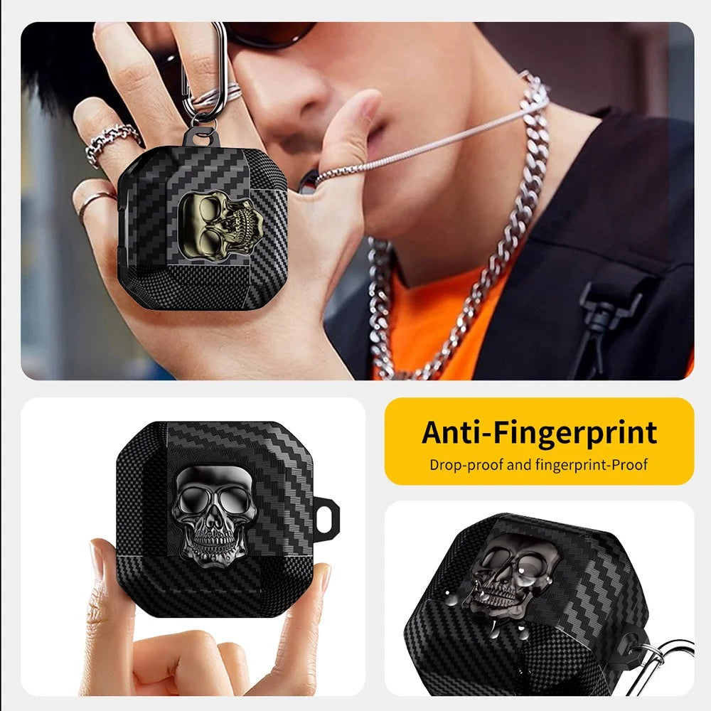 For Samsung Galaxy Buds4 Pro  /  Buds4 Protective Case Skull Design Snap Switch TPU + Metal Earphone Cover with Carabiner - Gold - 7