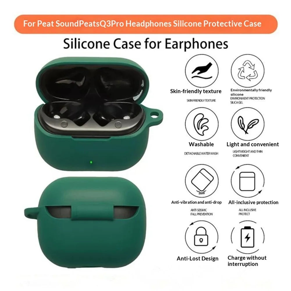 For SoundPEATS Q3 Pro Silicone Case Wireless Earbuds Protective Cover with Anti-Lost Buckle - Blackish Green - 7