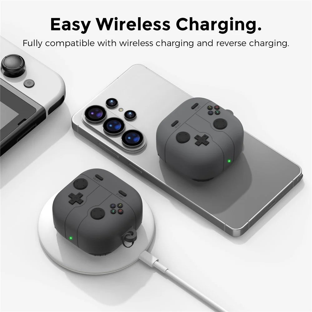 AHASTYLE WG194 For Samsung Galaxy Buds4 Pro / Buds4 Game Controller Design Silicone Case Protective Cover with Carabiner - Dark Grey - 6