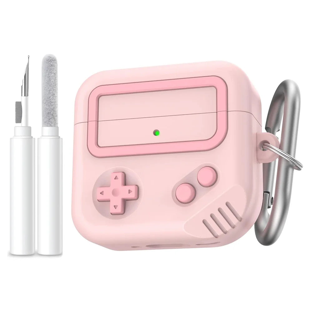 AHASTYLE JY21 For AirPods 4 Protective Case Game Console Design Split Silicone Earphone Cover with Carabiner and Cleaning Pen - Pink - 1