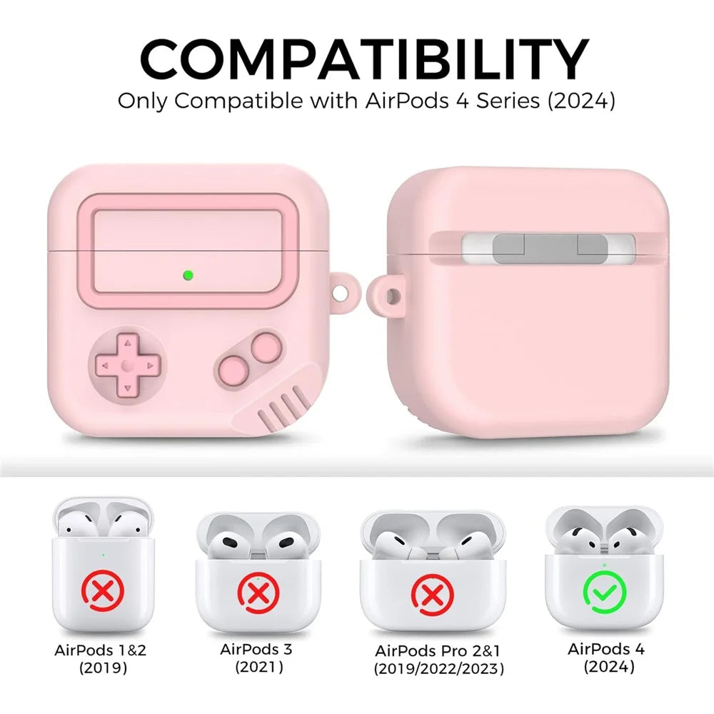 AHASTYLE JY21 For AirPods 4 Protective Case Game Console Design Split Silicone Earphone Cover with Carabiner and Cleaning Pen - Pink - 2