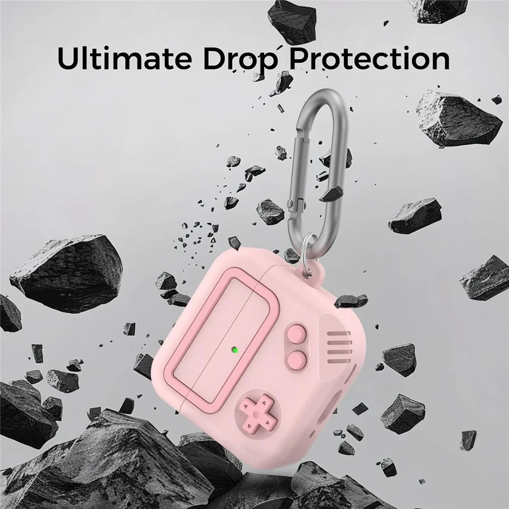 AHASTYLE JY21 For AirPods 4 Protective Case Game Console Design Split Silicone Earphone Cover with Carabiner and Cleaning Pen - Pink - 6