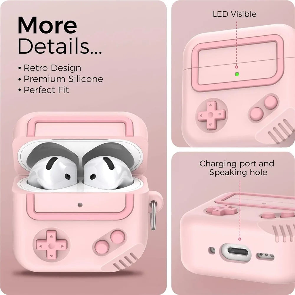 AHASTYLE JY21 For AirPods 4 Protective Case Game Console Design Split Silicone Earphone Cover with Carabiner and Cleaning Pen - Pink - 7
