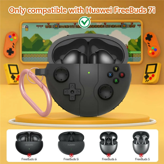 For Huawei FreeBuds 7i Protective Case Gaming Controller Design Liquid Silicone Cover with Carabiner - Dark Grey - 5