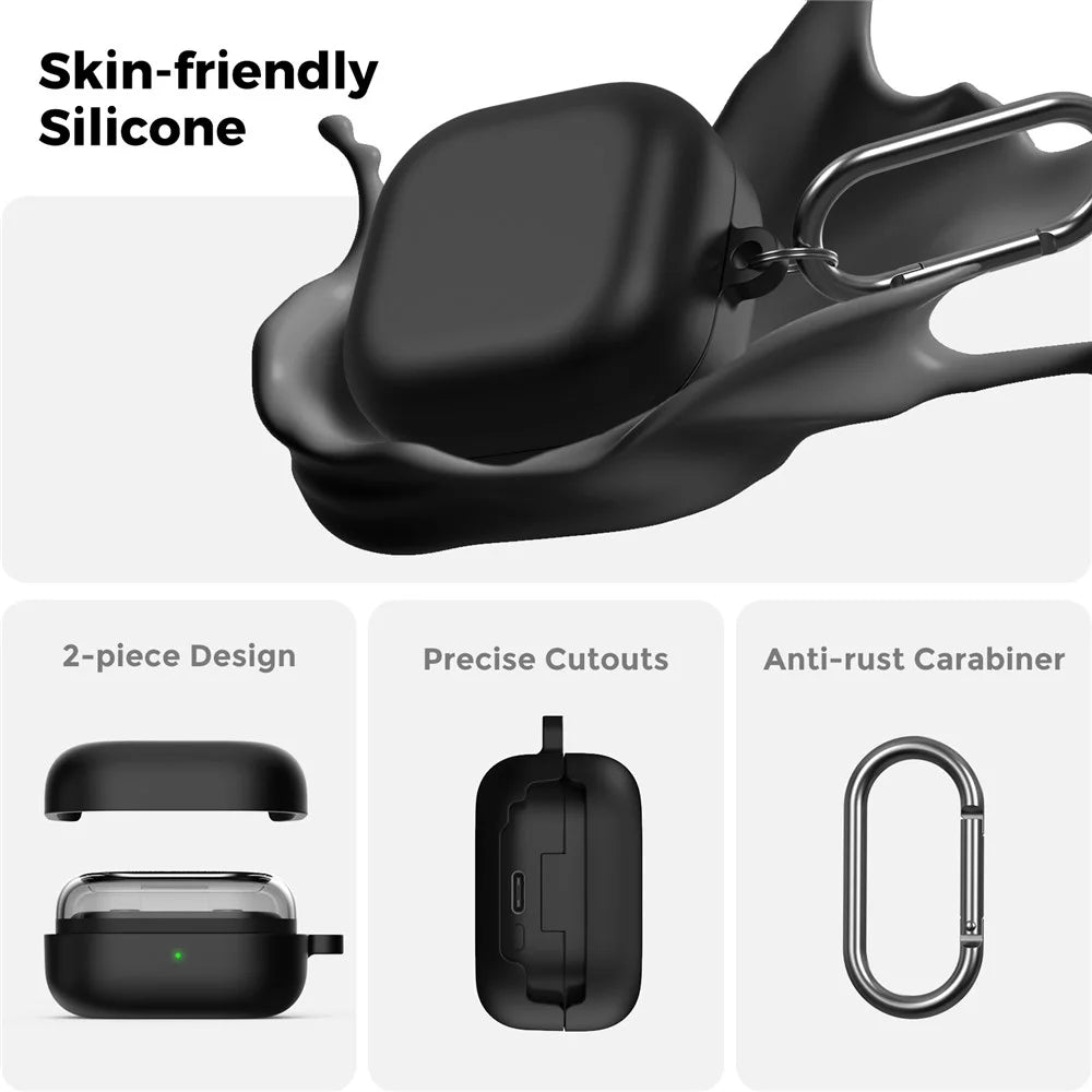 AHASTYLE WG192 For Samsung Galaxy Buds4  /  Buds4 Pro Silicone Case 2-Piece Split Protective Cover with Carabiner - Black - 4