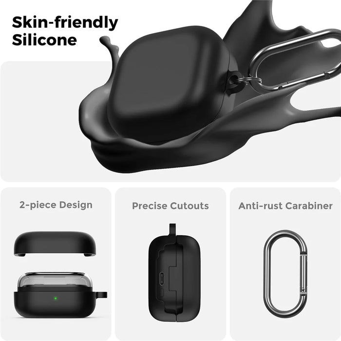 AHASTYLE WG192 For Samsung Galaxy Buds4  /  Buds4 Pro Silicone Case 2-Piece Split Protective Cover with Carabiner - Black - 4