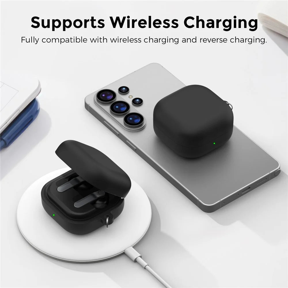 AHASTYLE WG192 For Samsung Galaxy Buds4  /  Buds4 Pro Silicone Case 2-Piece Split Protective Cover with Carabiner - Black - 7