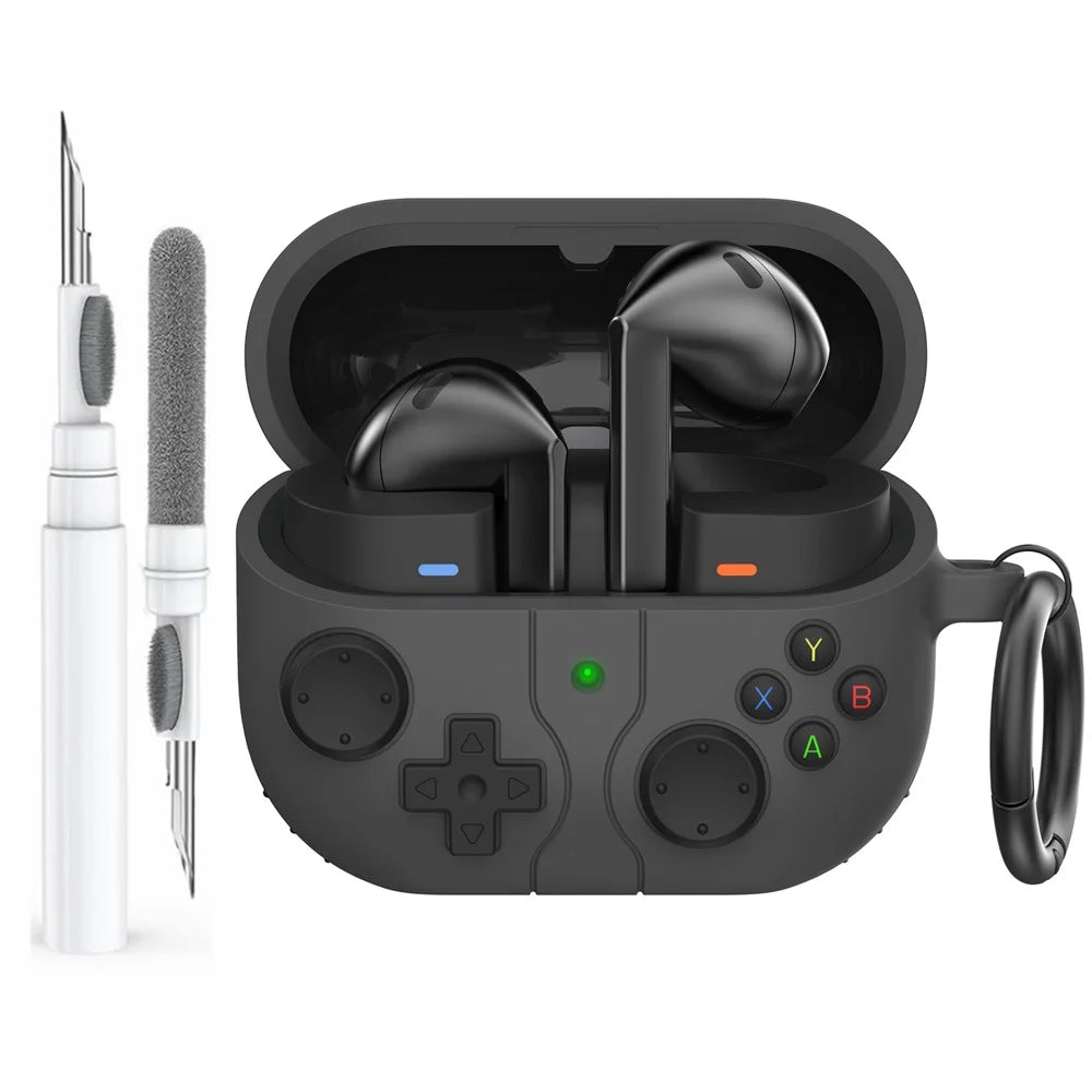 AHASTYLE WG170 Protective Case for Samsung Galaxy Buds3  /  Buds3 Pro / Buds3 FE Gamepad Style Silicone Cover with Cleaning Pen Kit - Black - 1