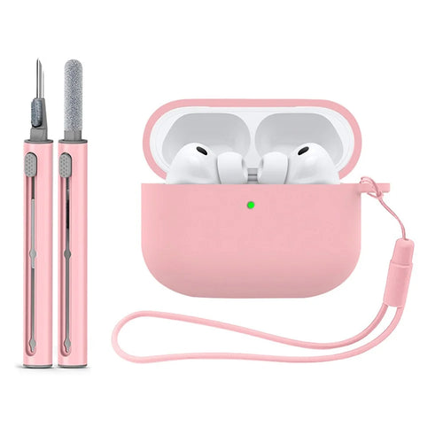 Silicone Case for AirPods Pro 3 Bluetooth-compatible Earbuds Protective Cover with Lanyard Cleaning Pen Kit - Pink - 1