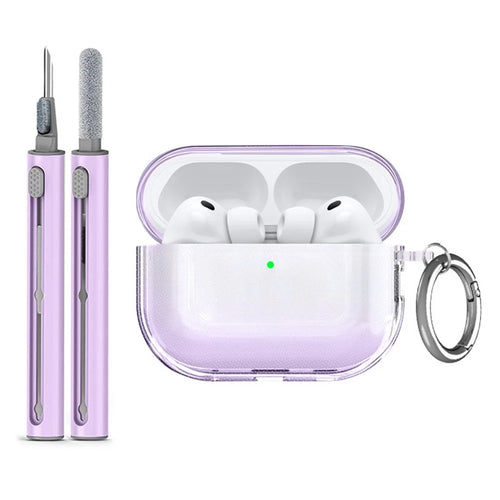 Clear TPU Case for AirPods Pro 3 Shockproof Earphone Cover with Keychain Hook + Cleaning Brush Set - Transparent Purple - 1