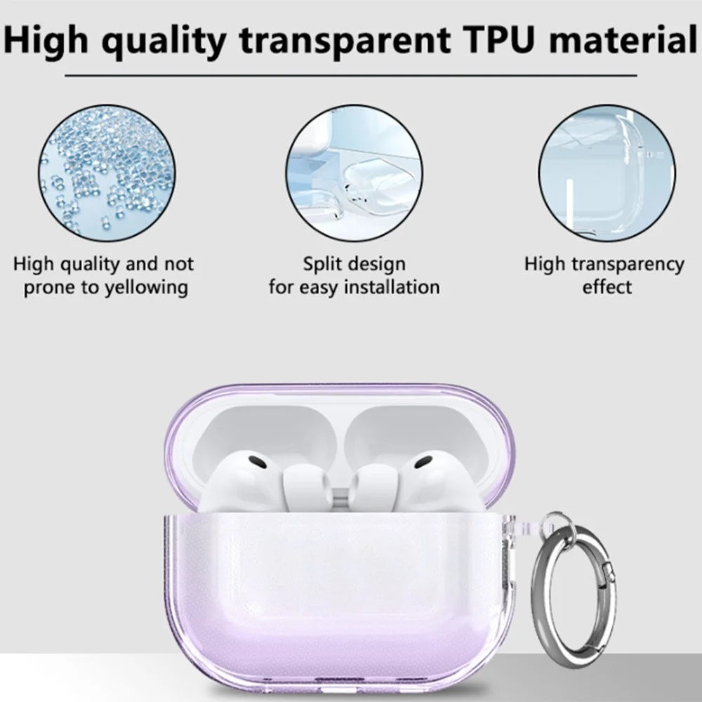 Clear TPU Case for AirPods Pro 3 Shockproof Earphone Cover with Keychain Hook + Cleaning Brush Set - Transparent Purple - 2