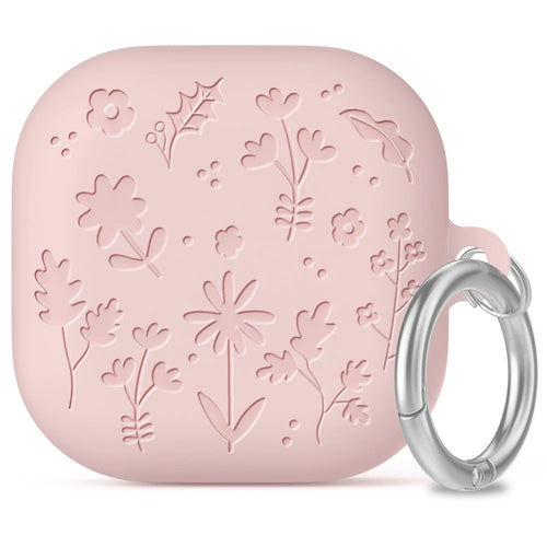 AHASTYLE WG199 For Samsung Galaxy Buds4 Pro  /  Buds4 Protective Case with Carabiner Embossed Flower Leaf Silicone Cover - Pink - 1