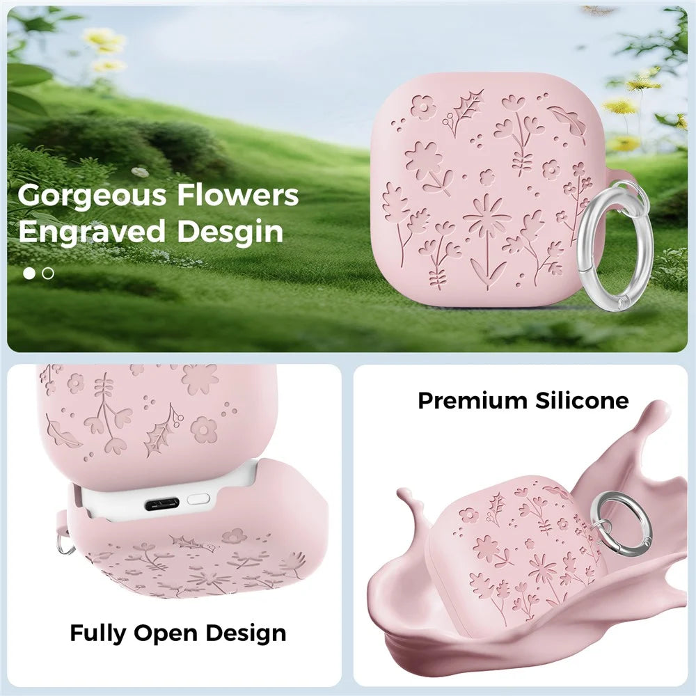 AHASTYLE WG199 For Samsung Galaxy Buds4 Pro  /  Buds4 Protective Case with Carabiner Embossed Flower Leaf Silicone Cover - Pink - 2
