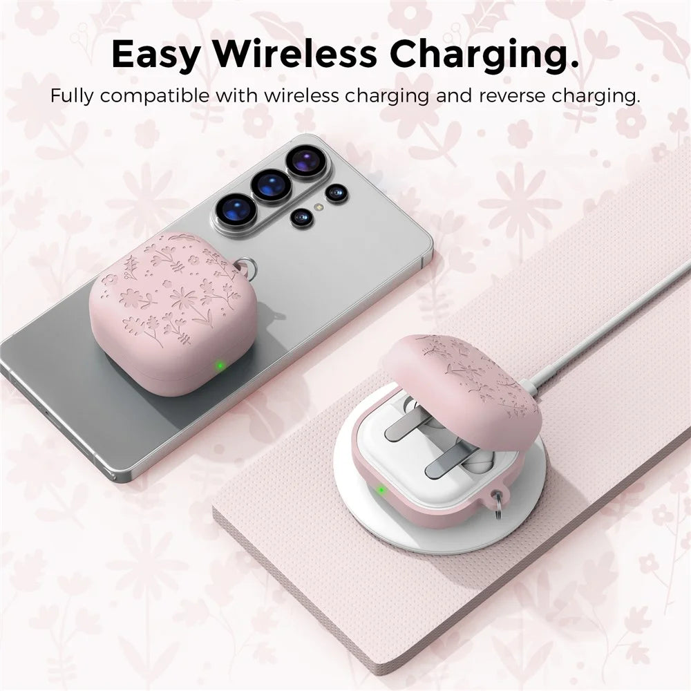 AHASTYLE WG199 For Samsung Galaxy Buds4 Pro  /  Buds4 Protective Case with Carabiner Embossed Flower Leaf Silicone Cover - Pink - 3