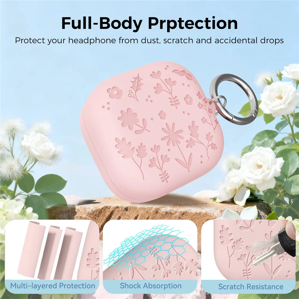 AHASTYLE WG199 For Samsung Galaxy Buds4 Pro  /  Buds4 Protective Case with Carabiner Embossed Flower Leaf Silicone Cover - Pink - 5