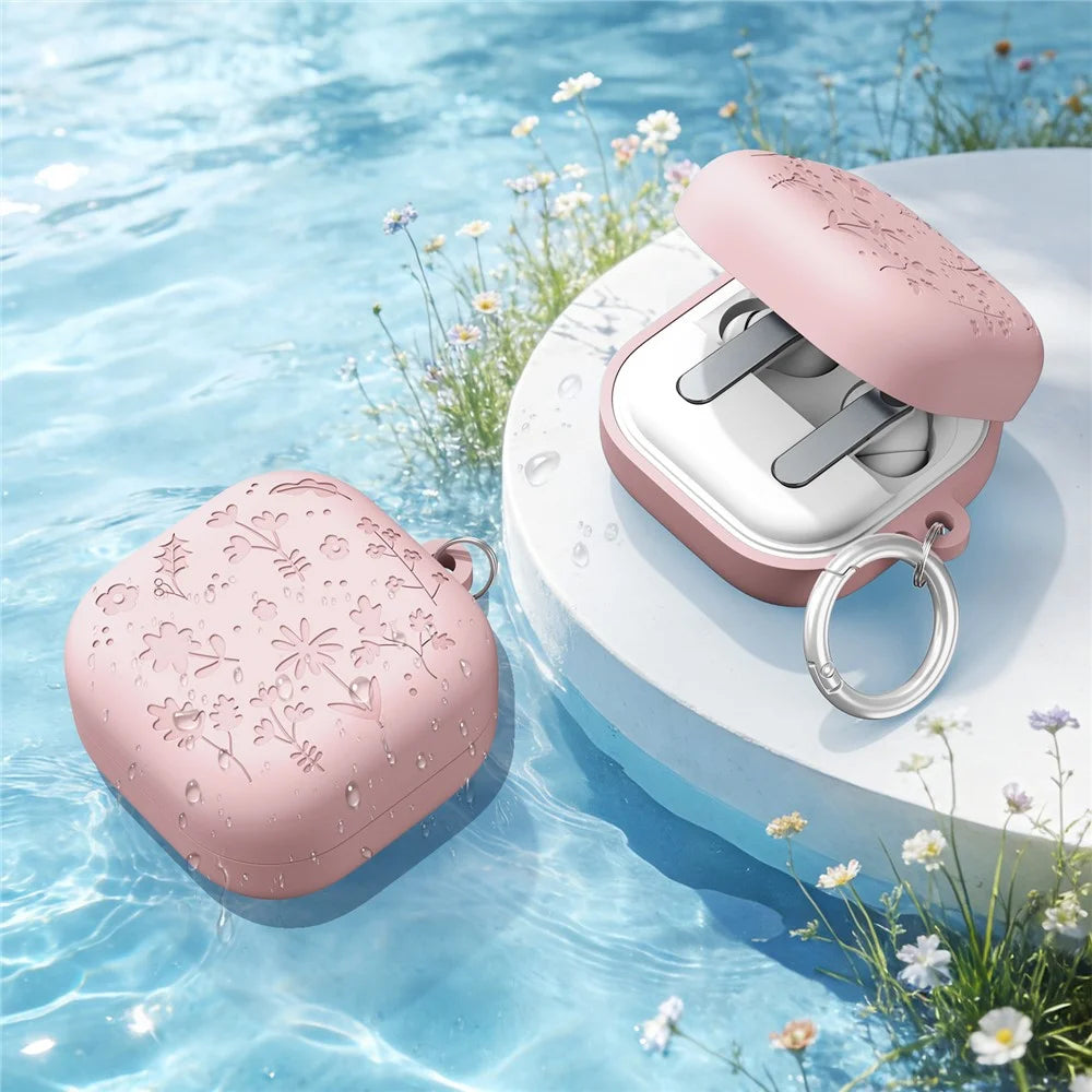 AHASTYLE WG199 For Samsung Galaxy Buds4 Pro  /  Buds4 Protective Case with Carabiner Embossed Flower Leaf Silicone Cover - Pink - 6