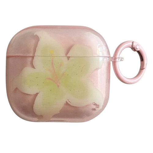 For AirPods 4 Protective Case IMD Floral Pattern Transparent TPU Cover with Metal Buckle - Transparent Pink - 1