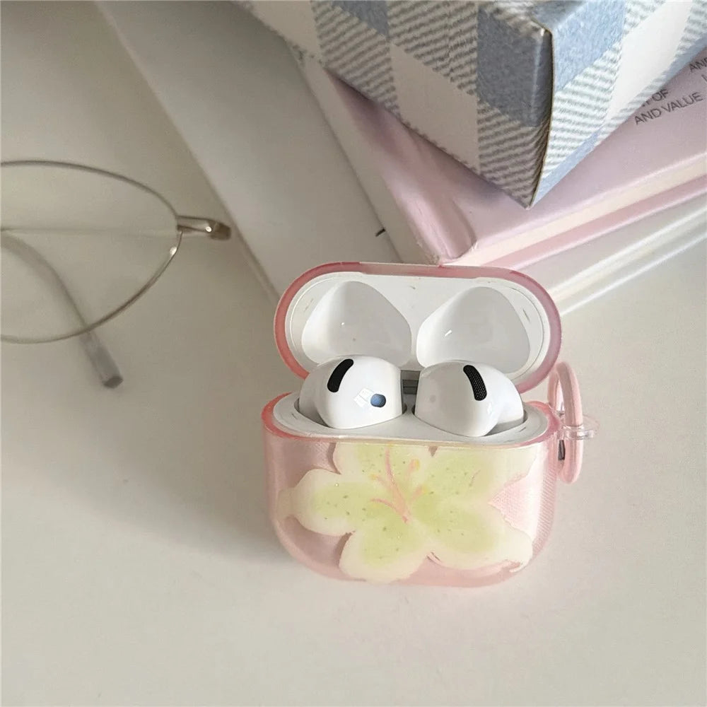 For Apple AirPods 3 Protective Case IMD Floral Pattern Transparent TPU Cover with Metal Buckle - Transparent Pink - 2