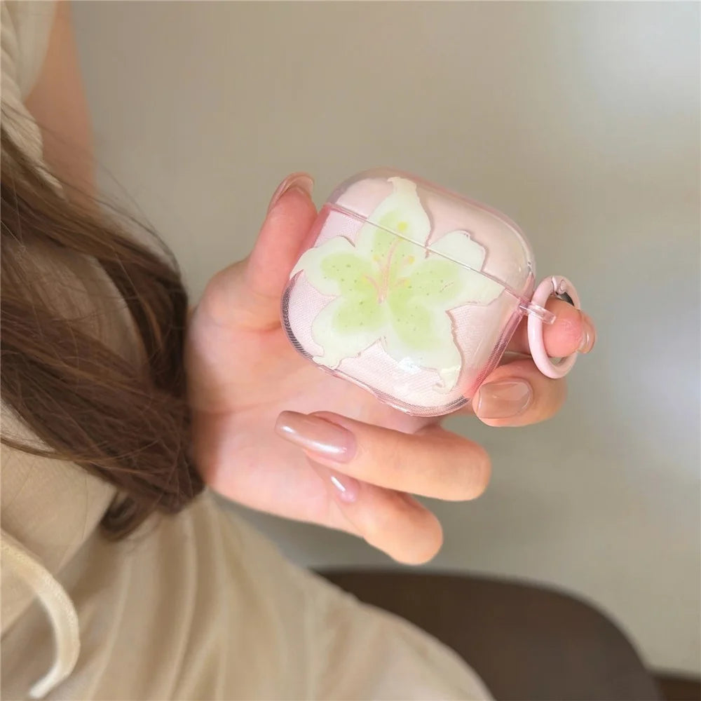 For Apple AirPods 3 Protective Case IMD Floral Pattern Transparent TPU Cover with Metal Buckle - Transparent Pink - 5