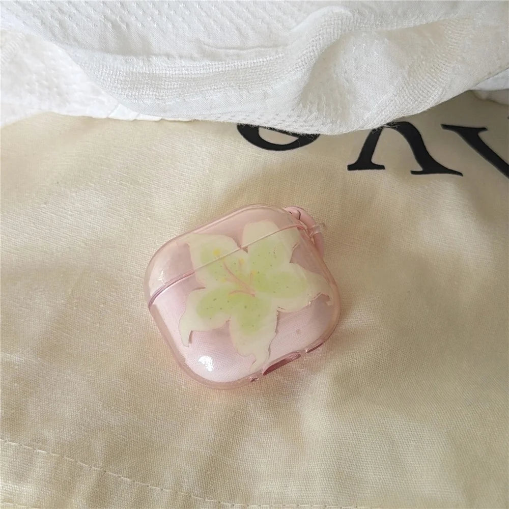For Apple AirPods 3 Protective Case IMD Floral Pattern Transparent TPU Cover with Metal Buckle - Transparent Pink - 6