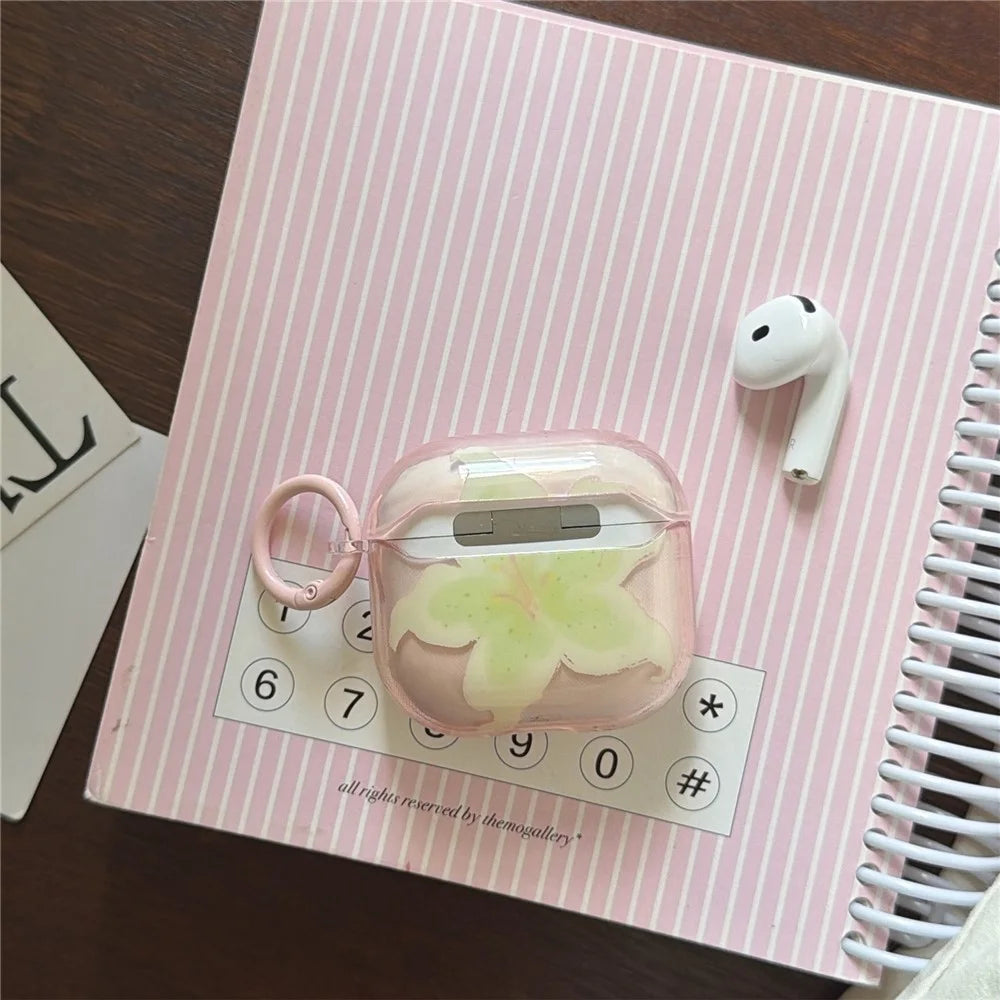 For Apple AirPods 3 Protective Case IMD Floral Pattern Transparent TPU Cover with Metal Buckle - Transparent Pink - 7