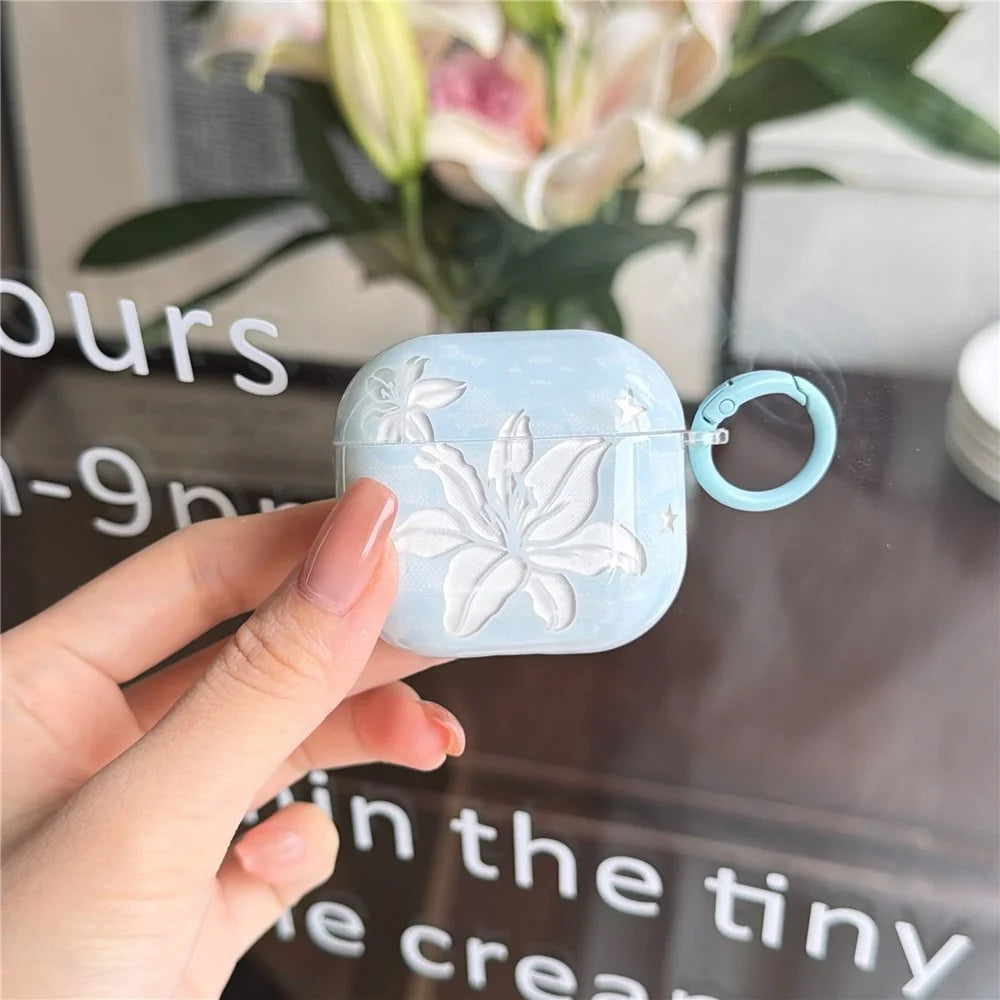 TPU Case for Apple AirPods Pro 3 Lily Flower Pattern Protective Cover with Metal Carabiner Clip & Keychain Charm - 4