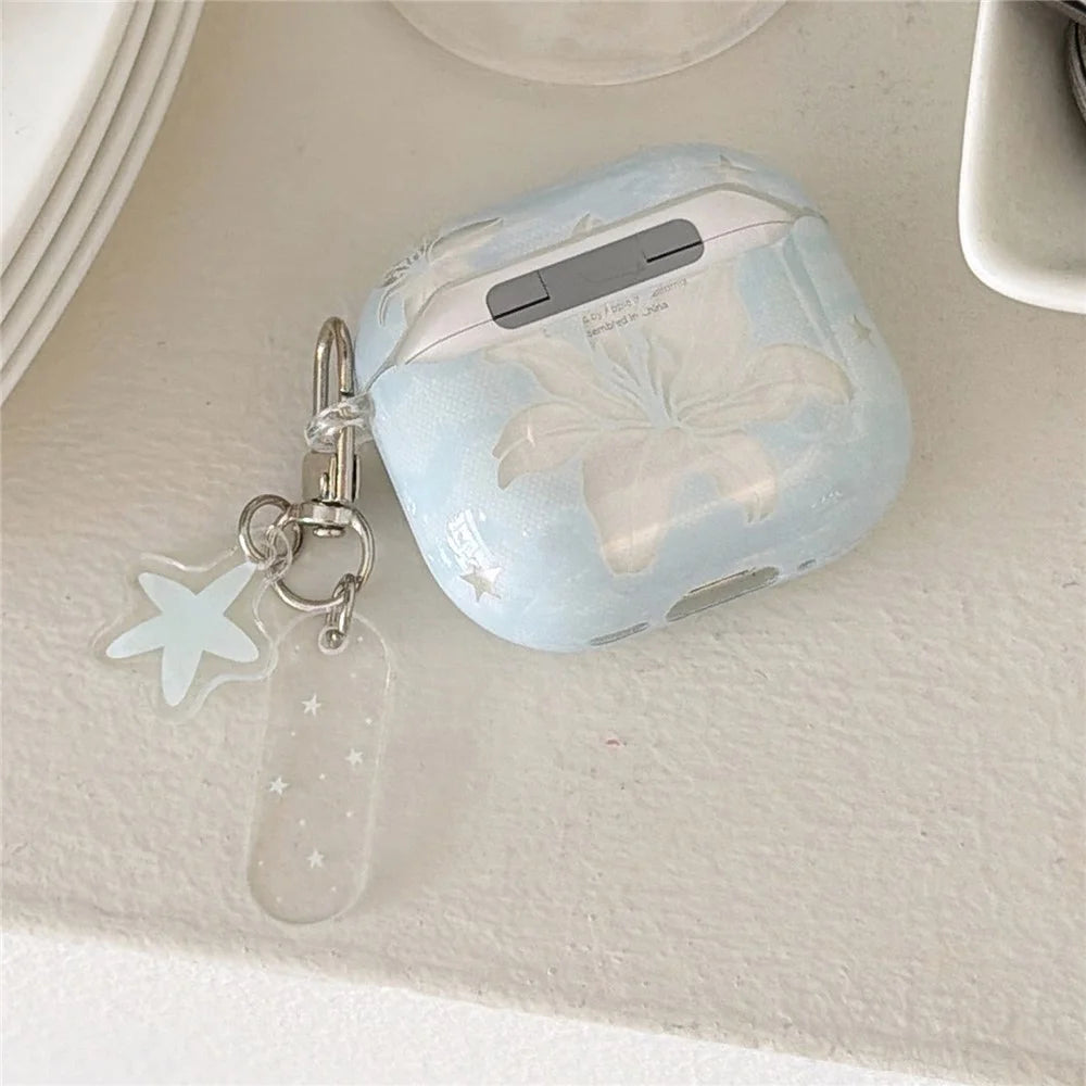 Case for AirPods 4 Lily Flower Pattern TPU Protective Cover with Keychain Charm & Buckle Clip - 3