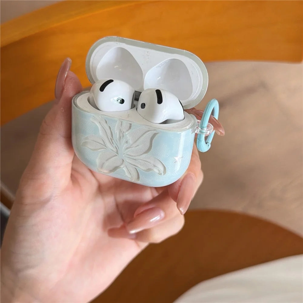 Case for AirPods 4 Lily Flower Pattern TPU Protective Cover with Keychain Charm & Buckle Clip - 5
