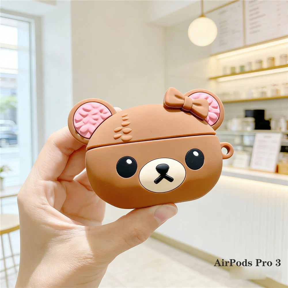Silicone Case for AirPods Pro 3 Cute Bear Cartoon Design Protective Cover with Carabiner Clip - 3