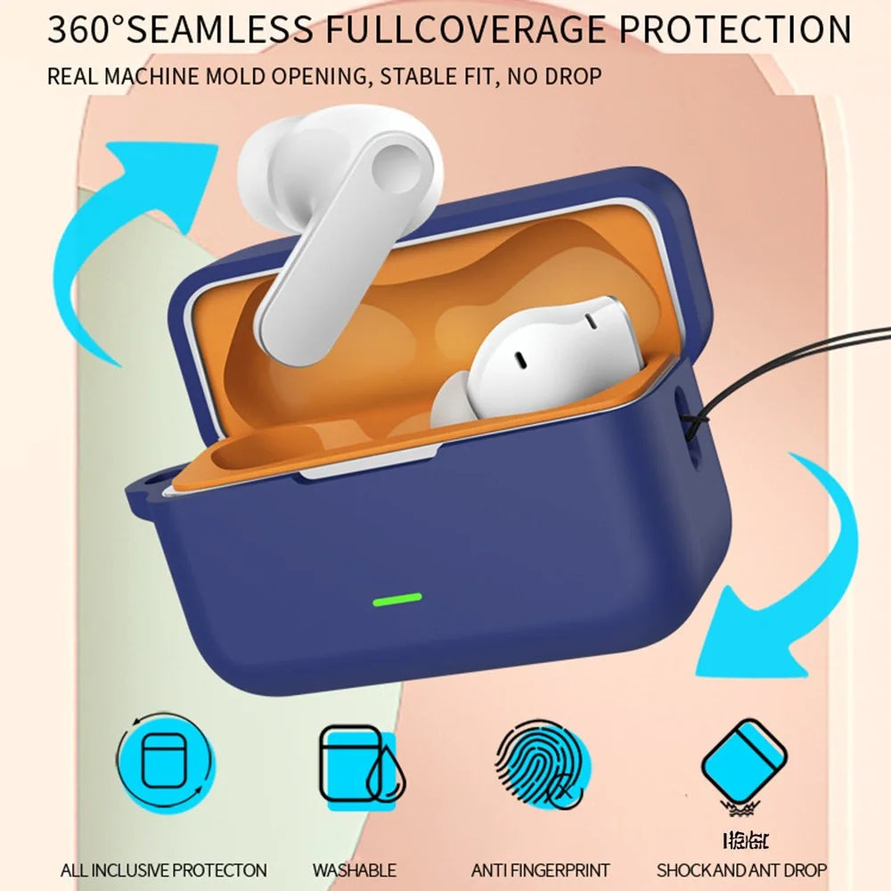 Silicone Case for Realme Buds T500 Pro Anti-Drop Anti-Fingerprint Shockproof Protective Cover with Carabiner - Dark Blue - 3
