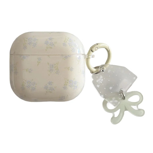 Silicone Case for AirPods 3 Tiny Floral Pattern Protective Cover with Bow Keychain Pendant & Buckle Clip TPU Soft Shell - 1