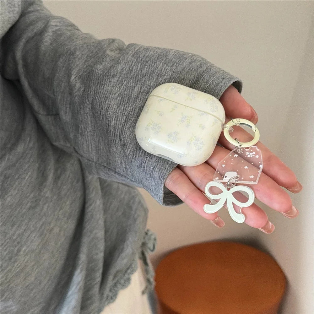 Silicone Case for AirPods 3 Tiny Floral Pattern Protective Cover with Bow Keychain Pendant & Buckle Clip TPU Soft Shell - 2