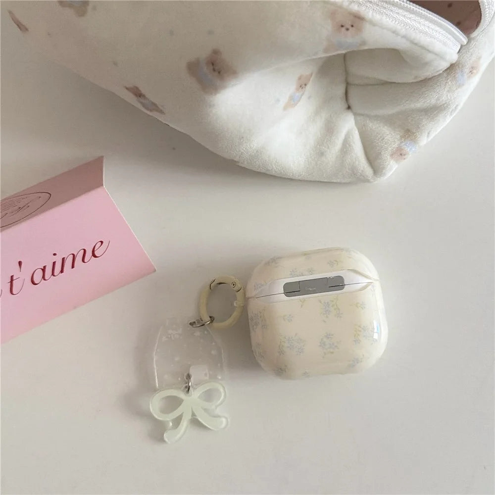 Silicone Case for AirPods 3 Tiny Floral Pattern Protective Cover with Bow Keychain Pendant & Buckle Clip TPU Soft Shell - 3