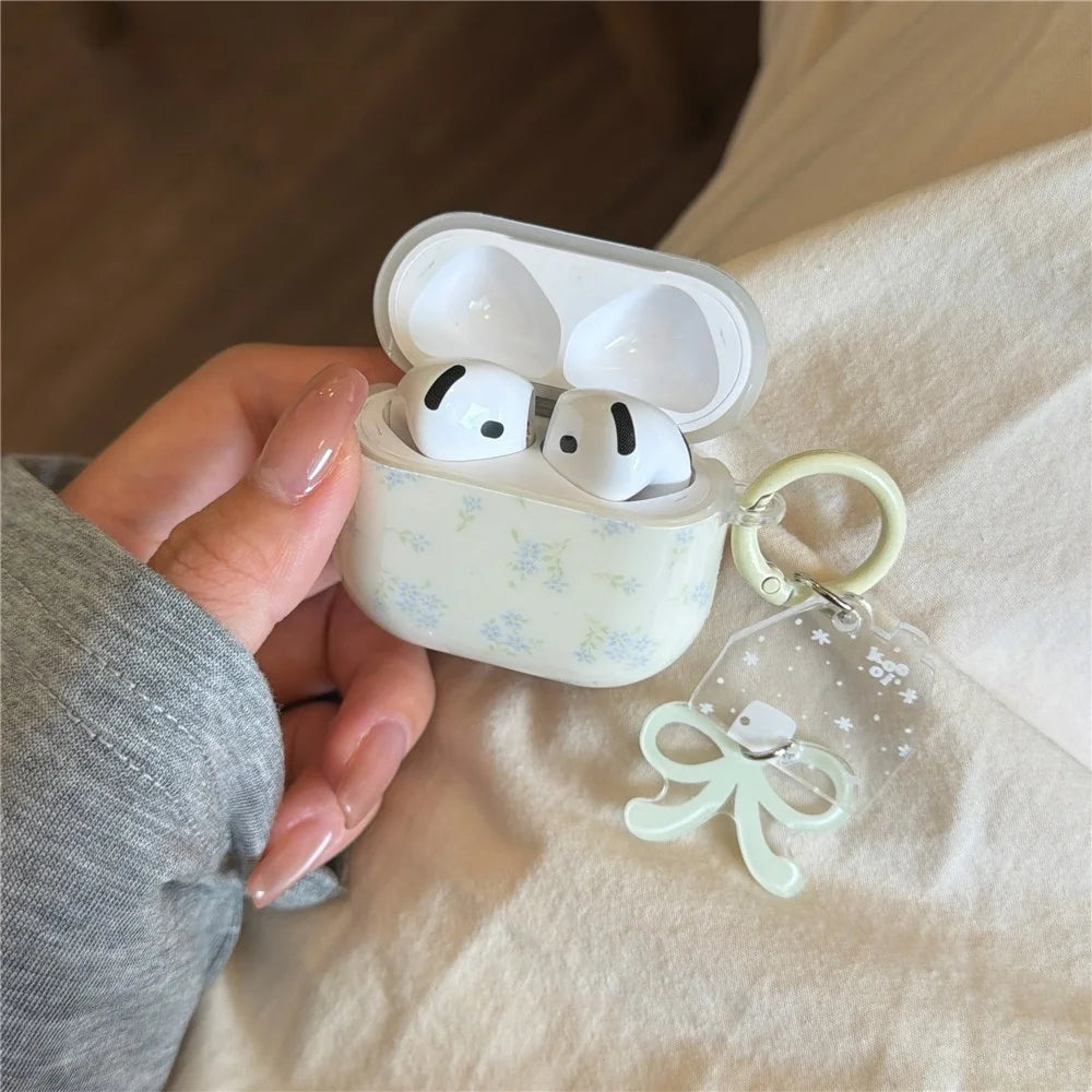 Silicone Case for AirPods 3 Tiny Floral Pattern Protective Cover with Bow Keychain Pendant & Buckle Clip TPU Soft Shell - 7