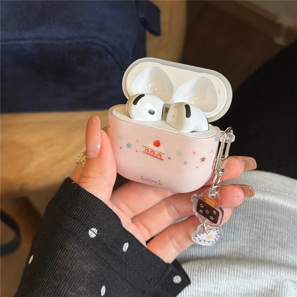 For AirPods 4 Cute Cake Pattern Soft Silicone Case with Keychain Food Charms & Clip Earbuds Protective Cover - 7