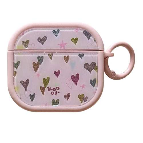 Colorful Heart Case for AirPods 4 Glitter TPU Earbuds Protective Cover with Carabiner Clip - Pink - 1