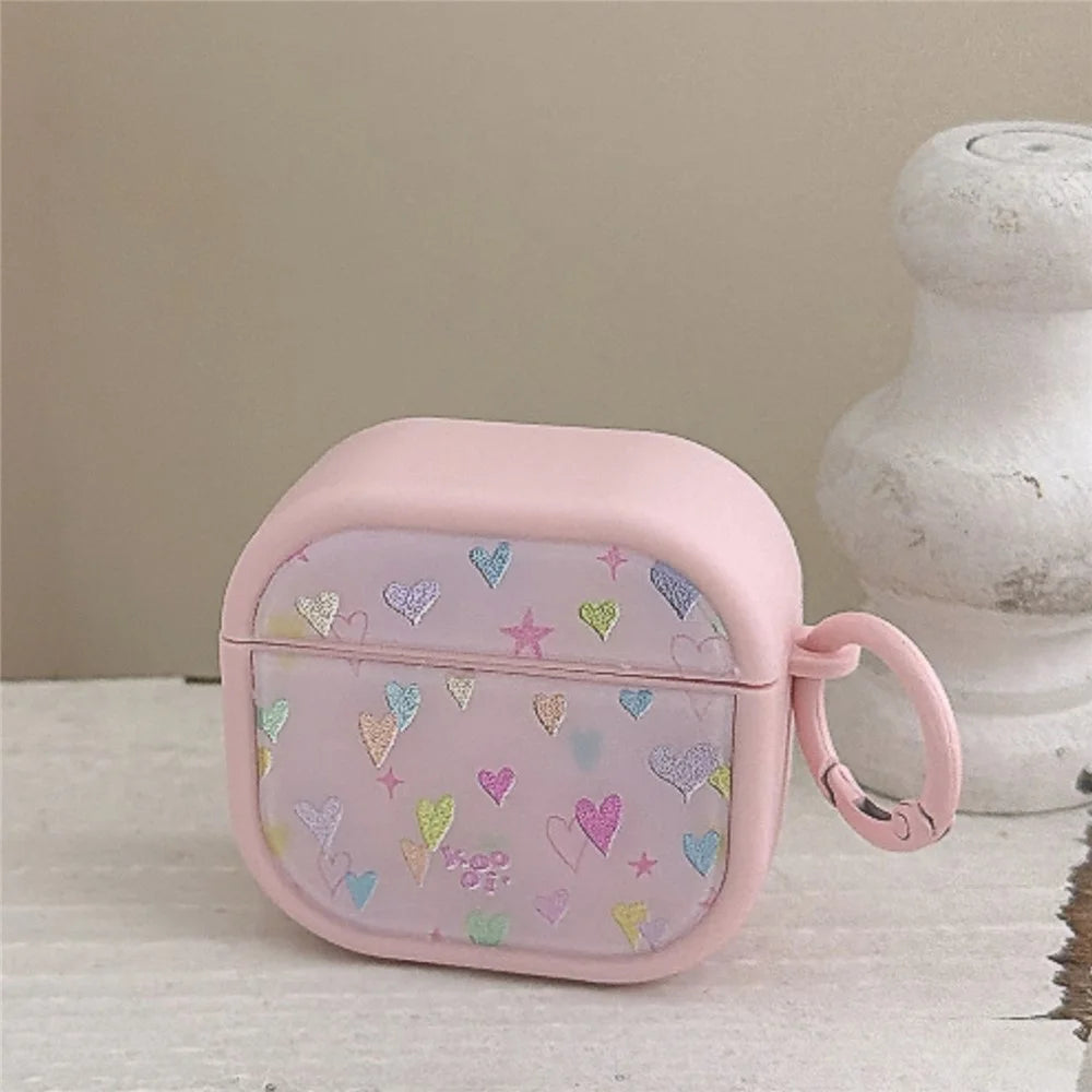 Colorful Heart Case for AirPods 4 Glitter TPU Earbuds Protective Cover with Carabiner Clip - Pink - 3