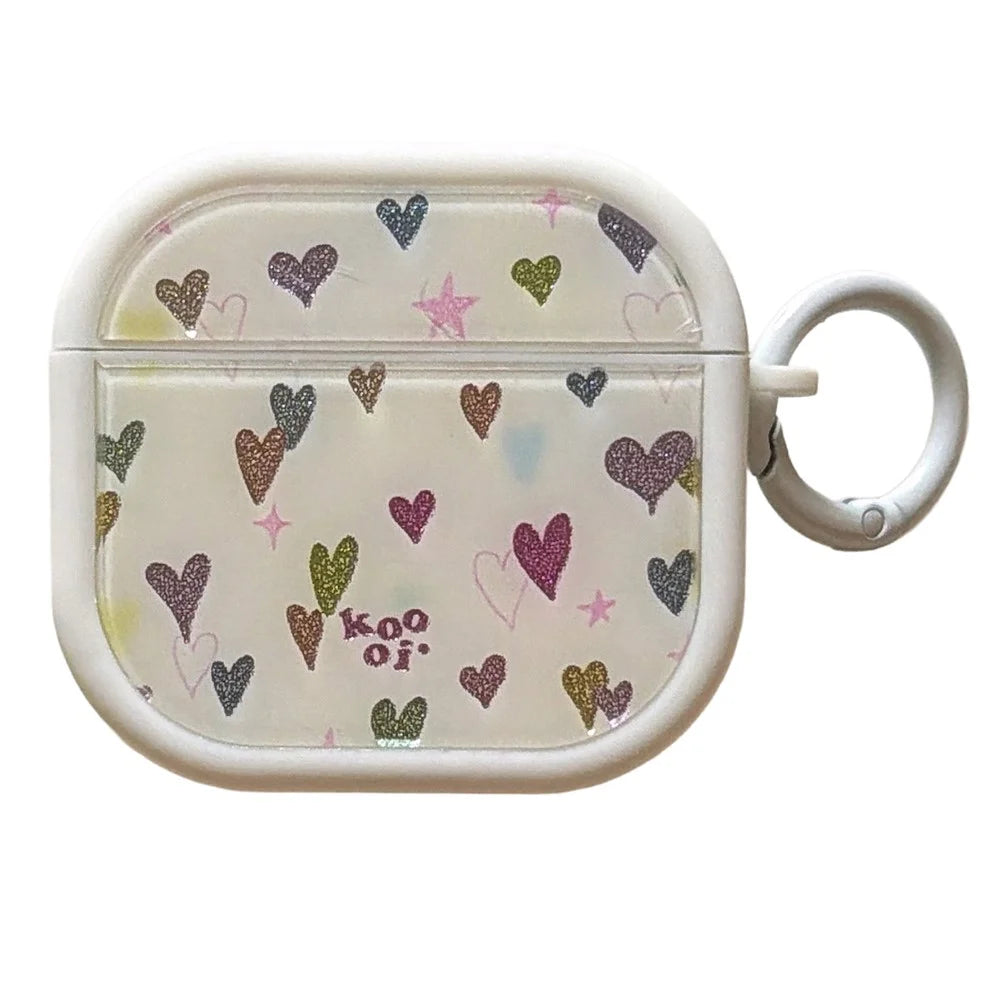 Colorful Heart Case for AirPods 3 Glitter TPU Earbuds Protective Cover with Carabiner Clip - White - 1