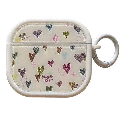 Colorful Heart Case for AirPods 3 Glitter TPU Earbuds Protective Cover with Carabiner Clip - White - 1