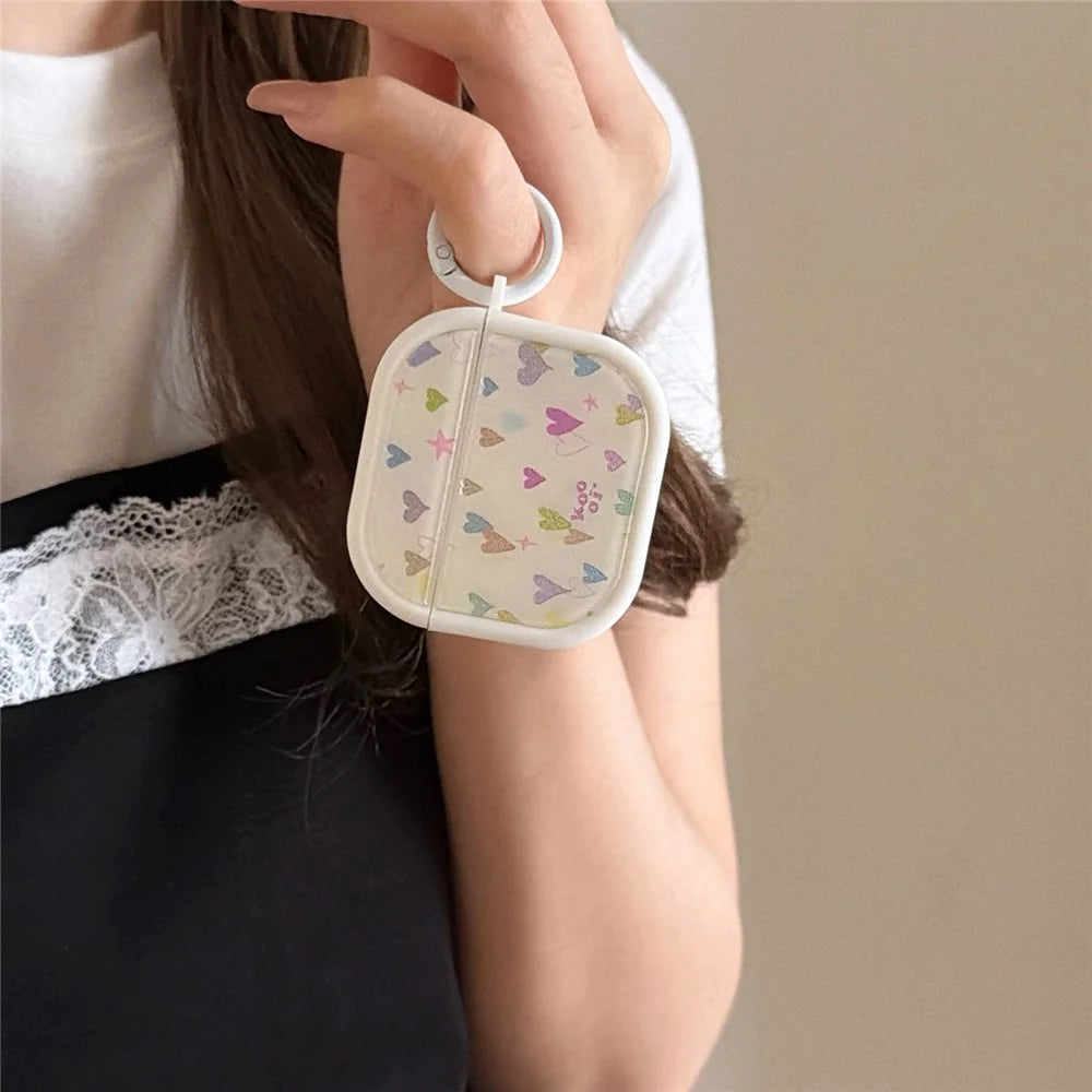 Colorful Heart Case for AirPods 3 Glitter TPU Earbuds Protective Cover with Carabiner Clip - White - 2