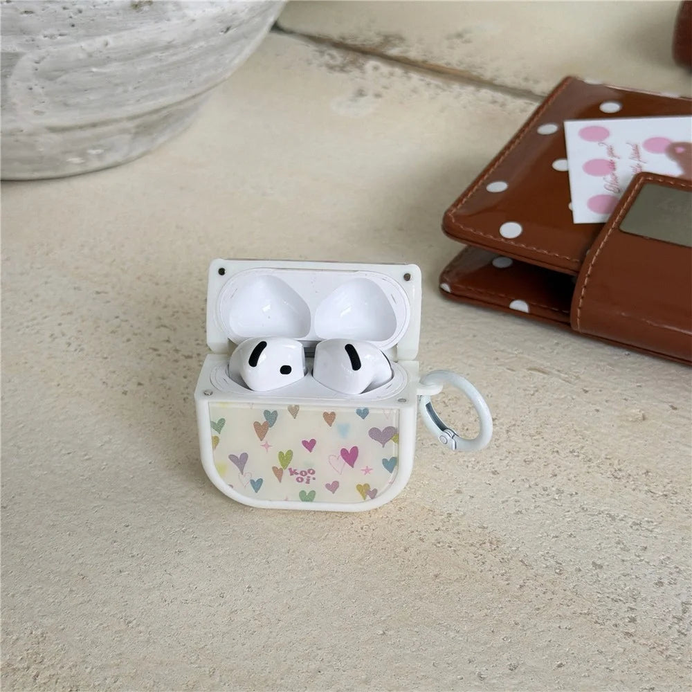 Colorful Heart Case for AirPods 3 Glitter TPU Earbuds Protective Cover with Carabiner Clip - White - 3