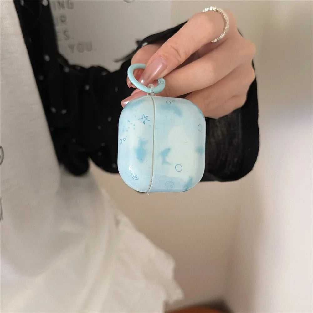 For AirPods 4 IMD+TPU Case Blurred Blue Fish Pattern Protective Cover with Metal Buckle Carabiner - 3