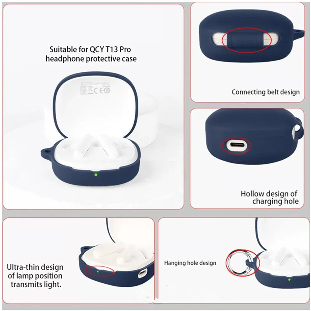For QCY T13 Pro Silicone Case Wireless Earbuds Protective Cover with Anti-Lost Buckle - Dark Blue - 5
