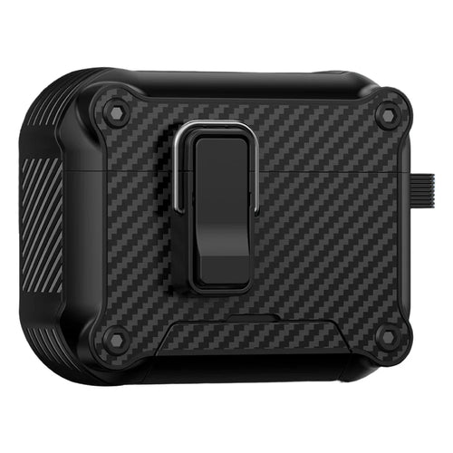 For AirPods Pro 2 Earphone Case Carbon Fiber Texture Phone Stand TPU + PC Magnetic Protective Cover with Carabiner - Black - 1