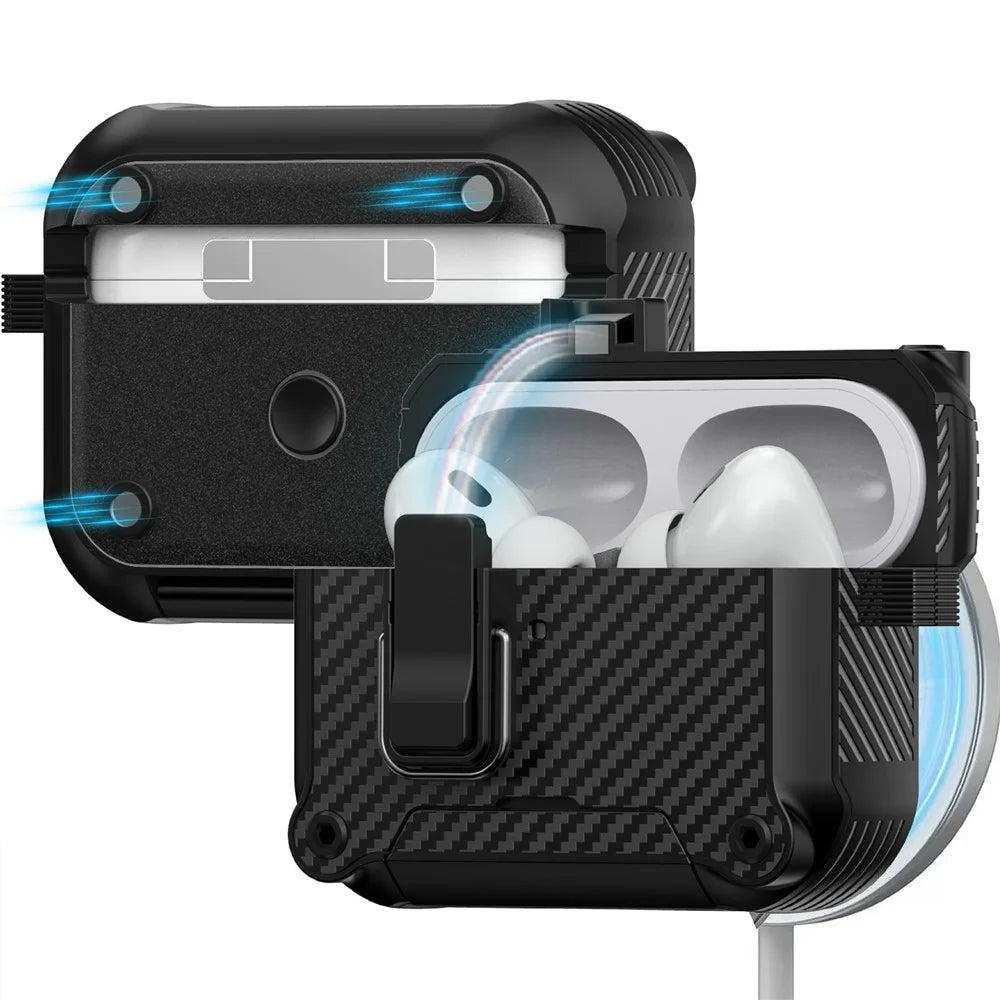 For AirPods Pro 2 Earphone Case Carbon Fiber Texture Phone Stand TPU + PC Magnetic Protective Cover with Carabiner - Black - 2