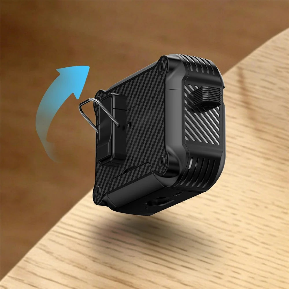 For AirPods Pro 2 Earphone Case Carbon Fiber Texture Phone Stand TPU + PC Magnetic Protective Cover with Carabiner - Black - 3