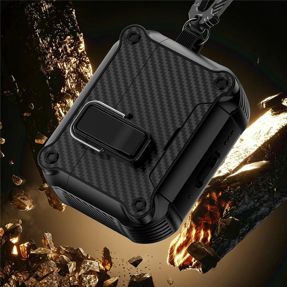 For AirPods Pro 3 Earphone Case Carbon Fiber Texture Phone Stand TPU + PC Magnetic Protective Cover with Carabiner - Black - 6
