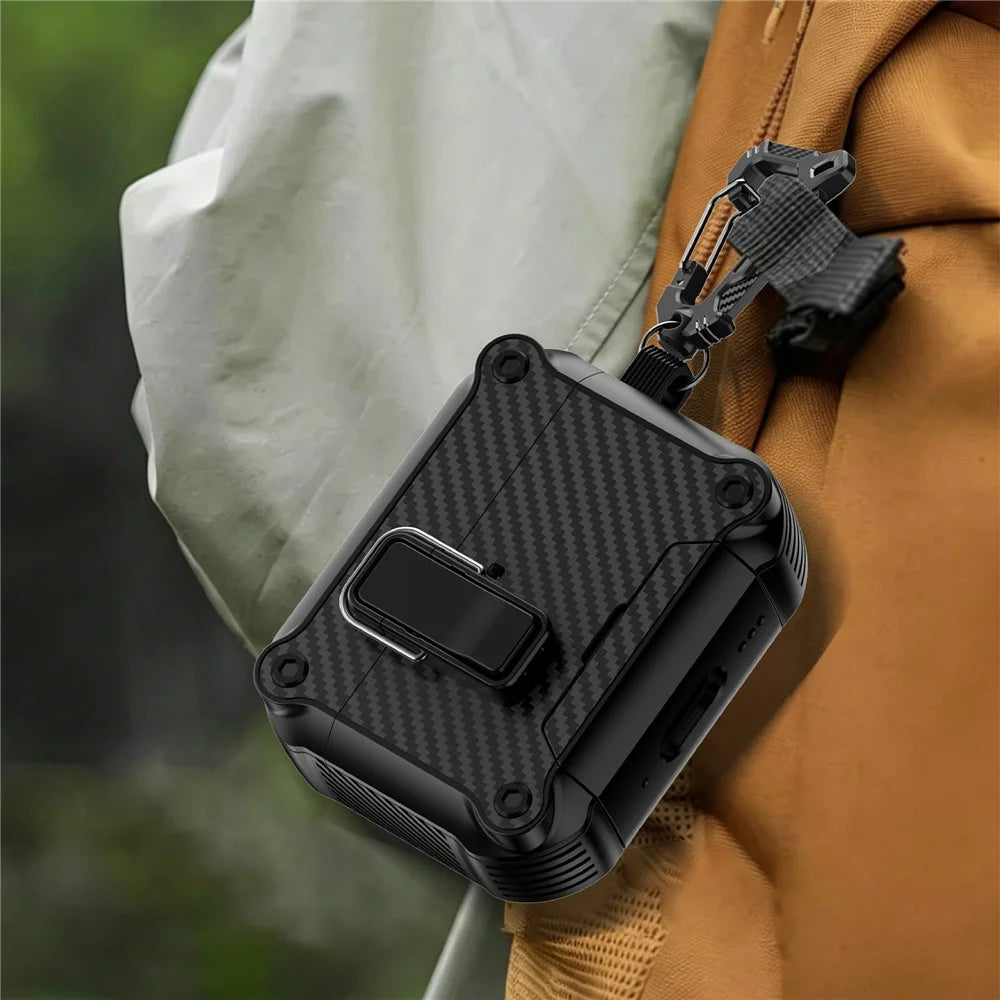 For AirPods Pro 3 Earphone Case Carbon Fiber Texture Phone Stand TPU + PC Magnetic Protective Cover with Carabiner - Black - 7