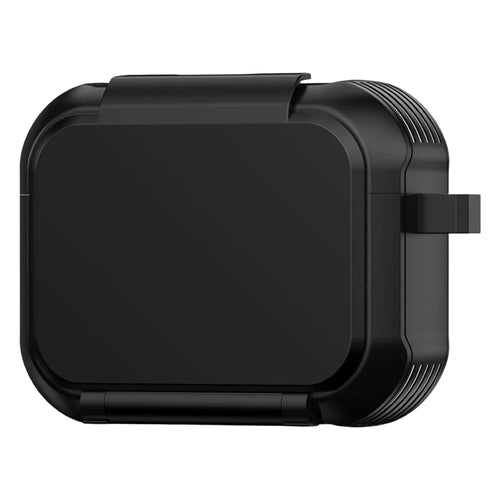 For AirPods Pro 3 Magnetic Case Mirror Phone Stand TPU + PC Earphone Protective Cover with Carabiner - Black - 1